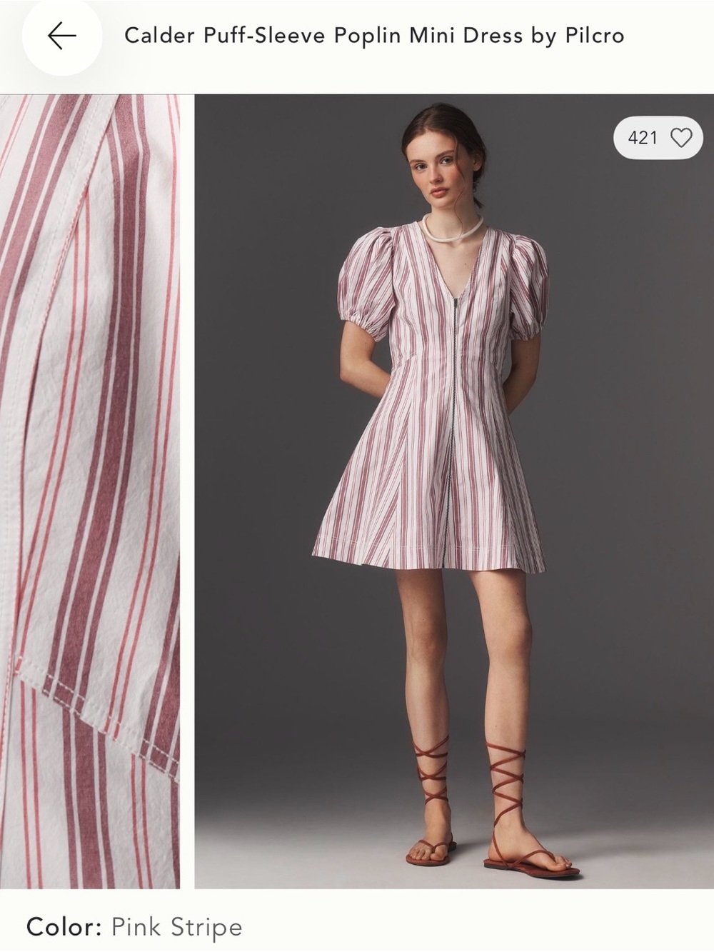 Anthropologie Pilcro Calder Pink and White Stripe Puff-Sleeve Poplin Mini Dress